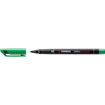 Grüner Folienstift mit schwarzem Schaft und abgenommenem Deckel, auf weißem Hintergrund.