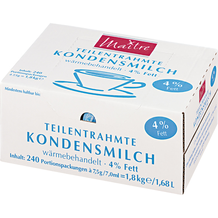 Kartonverpackung mit 240 Portionspackungen Kaffeesahne, 4% Fett, auf weißem Hintergrund.