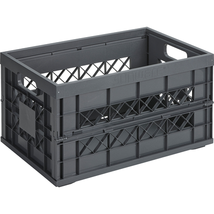 Graue Klappbox mit Griffen und verstärkten Scharnieren, ideal für Transport und Archivierung.