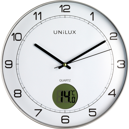 Wanduhr mit analogem Ziffernblatt und LCD-Display zur Temperaturanzeige in °C.