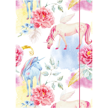 Zeichenmappe in DIN A3 mit Einhorn-Motiv und bunten floralen Akzenten.