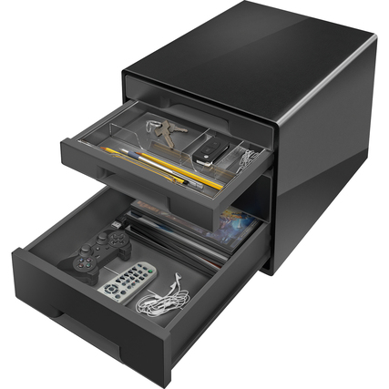 Schubladenbox in schwarz mit geöffneten Schubladen, gefüllt mit Büromaterial und Accessoires.