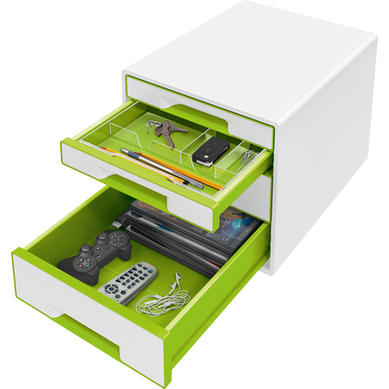 Grüne und weiße Schubladenbox mit vier Schubladen, teilweise geöffnet und mit Inhalt.