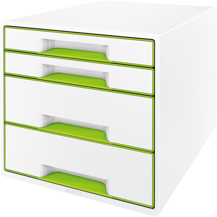 Grüne und weiße Schubladenbox mit vier Schubladen im trendigen Design.