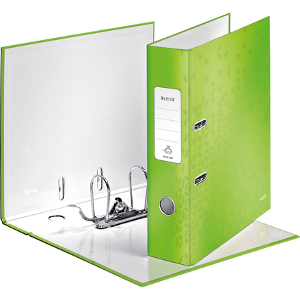 Grüner Leitz Ordner WOW DIN A4 mit 80 mm Ringmechanik und laminiertem Design geöffnet.