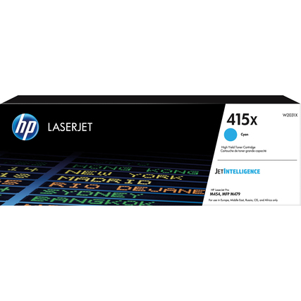HP Tonerpatrone 415X in Cyan, sichtbar in horizontaler Produktverpackung.