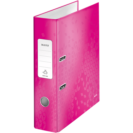 Pinkfarbener Leitz Ordner WOW DIN A4 mit laminiertem Design und raffiniertem Oberflächenmuster.