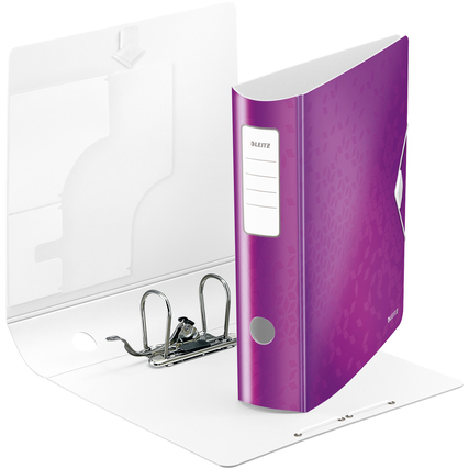 Violetter Leitz Ordner Active WOW aus Kunststoff mit Sichtfenster und 3-Ring-Mechanik, geöffnet.
