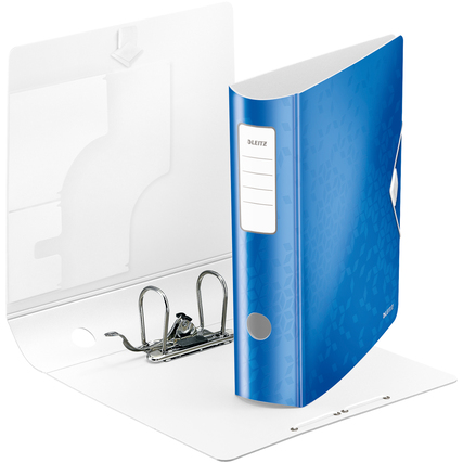 Blauer Leitz Ordner Active WOW DIN A4 mit 82 mm Rückenbreite und mechanischer Öffnung.