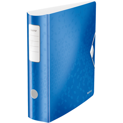 Blauer Leitz Ordner Active WOW DIN A4 mit strukturiertem Design und seitlichem Beschriftungsfeld.