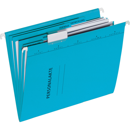 Blaue Personalmappe mit 4 Fächern, Hängeschienen und beschriftbarem Sichtreiter für Dokumente.