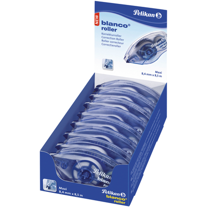 Karton mit mehreren Korrekturrollern in blauer Verpackung, sichtbare Rollerspitze und Abmessungen.