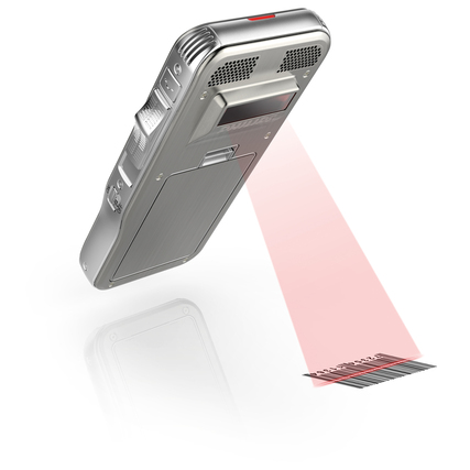 Digitales Diktiergerät zeigt Barcode-Scanfunktion mit rotem Laserstrahl auf einem Barcode.