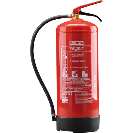Roten ABC-Pulver-Dauerdruck-Feuerlöscher mit Schlauch und Hebel im Hochformat.