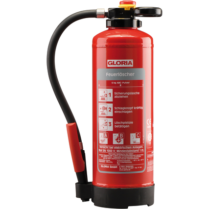 Roter Handfeuerlöscher mit ABC-Pulver und Bedienungsanleitung auf der Vorderseite.