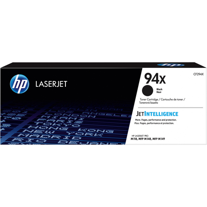 Schwarze Tonerkartusche 94X in Verpackung mit HP-Logo und technischen Informationen.