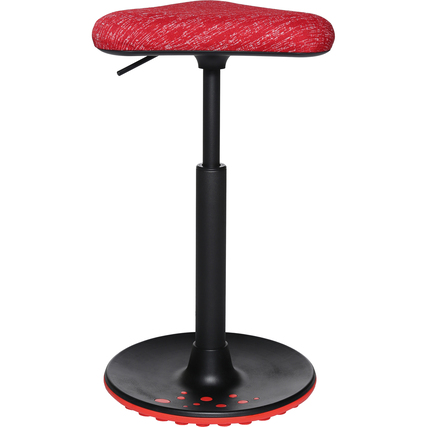 Sitzhocker aus rot-gewebtem Material mit schwarzem Gestell und farbiger Sohle, höhenverstellbar.