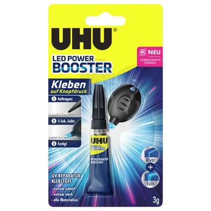 UHU Alleskleber LED-Light BOOSTER in einer Verpackung mit blauer LED-Lampe und Anwendungsanleitung.