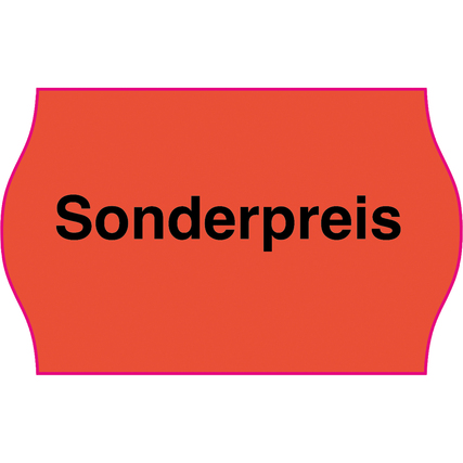 Sonderpreisetikett in roter Farbe mit schwarzem Text auf mittig gewelltem Hintergrund.