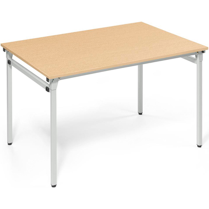 Zusammenklappbarer Konferenztisch mit Holzplatte und stabilen Stahlrohren in seitlicher Ansicht.