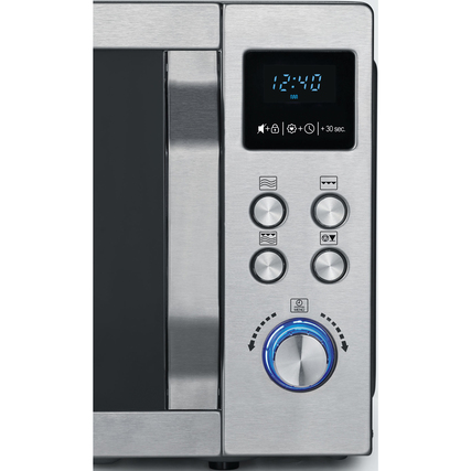 Mikrowelle mit Grillfunktion, Bedienfeld und digitalem Display in Edelstahl-Optik.