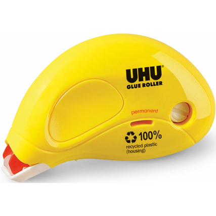 Gelber Kleberoller mit ergonomischer Form und Sichtfenster für Restbandlängenanzeige.