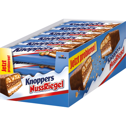Schachtel mit mehreren Knoppers Schokoriegeln, die teilweise sichtbar sind.