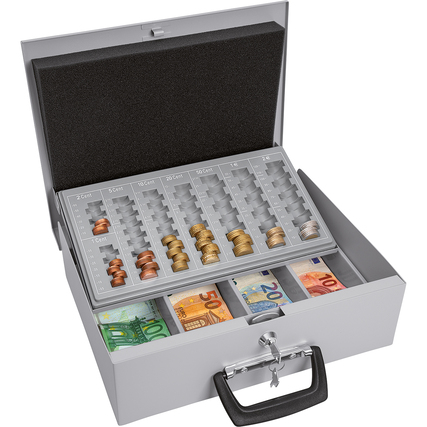 Geldkassette in lichtgrau mit Münzeinsätzen und Banknoten, geöffnet und mit Inhalt.