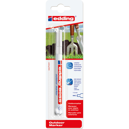 Weißer Outdoormarker in Verpackung, erkennbar an der farbigen Beschriftung und einem Stiftblick.