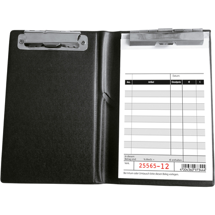 Schwarzer Kassenblock mit zwei Clip-Halterungen und vorgedrucktem Tabellenlayout innen.