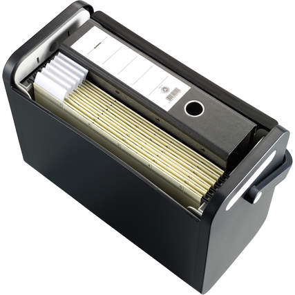 Schwarze Hängemappenbox mit Rolloverschluss und mehreren Hängemappen im Inneren.