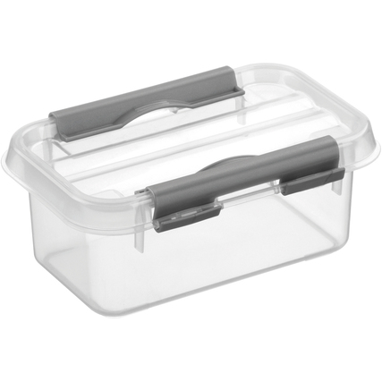 Transparente Aufbewahrungsbox mit Clipdeckel und grauen Verschlüssen.