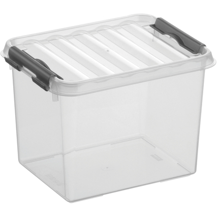 Transparente Aufbewahrungsbox mit Clipdeckel und grauen Griffen, für Stapelung geeignet.