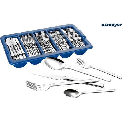 Besteckgarnitur in blauer Box mit Gabeln, Löffeln und Messern, dekorativ angeordnet.