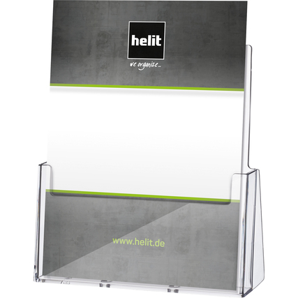 Prospekthalter aus transparentem Material mit einem gefüllten A4-Fach und dekorativem Hintergrund.