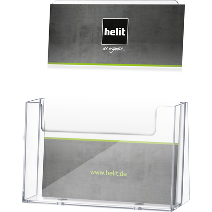 Transparenter Prospekthalter mit platz für Flyer und Informationsmaterial.