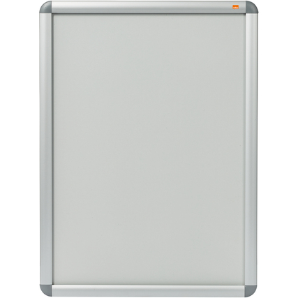 Bilderwechselrahmen in silber mit entspiegelter PVC-Abdeckung für Wandmontage oder Ständer.