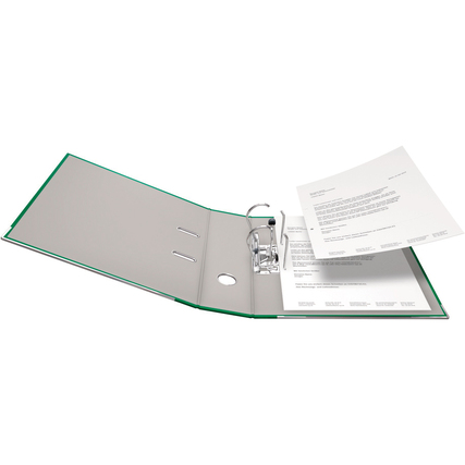 Grüner Ordner aus Kunststoff mit geöffnetem Deckel und eingelegten Dokumenten.