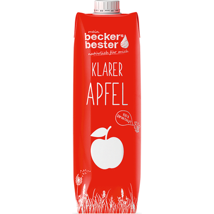 Kartonverpackung für klaren Apfelsaft mit rotem Design und weißem Apfel-Symbol.