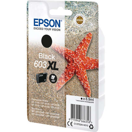Schwarze Epson Tintenpatrone 603XL in Verpackung mit rotem Seestern auf sandfarbenem Hintergrund.