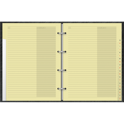 Schwarzes Telefonringbuch mit gelben Seiten und alphabetischen Trennblättern A-Z.