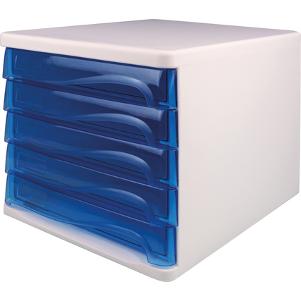 Schubladenbox in weiß mit blauen, transparenten Schubfächern und ergonomischer Front.