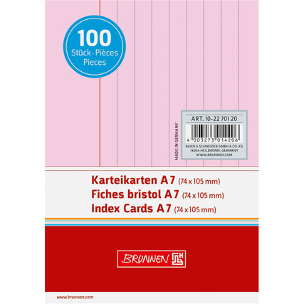 Rote Karteikarten im DIN A7 Format, 100 Stück, quer und liniert.