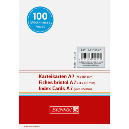 Karteikarten der Größe DIN A7, blanko und weiß, in einer Verpackung mit 100 Stück.