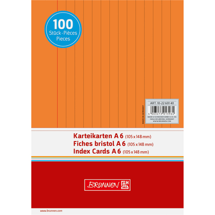 Orange Karteikarten DIN A6 quer liniert, verpackt in einer 100er-Stock-Box.