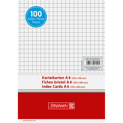 Karteikarten DIN A6 quer in kariertem Design, verpackt in einem Stapel mit 100 Stück.