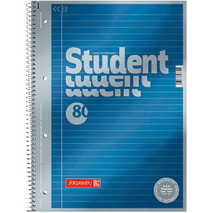 Blauer Collegeblock mit spiralförmiger Bindung, Linienschema und Ausreißhilfe, DIN A4.