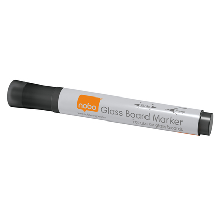 Schwarzer Glasboardmarker mit schwarzem Kopf und grauer Umverpackung.