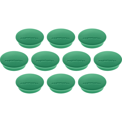 Zehn grüne Magnete mit breitem Rand und eingearbeitetem Markennamen.