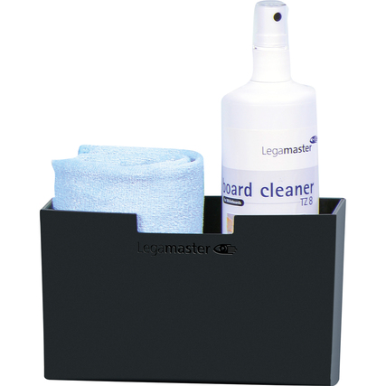 Schwarzer Tafelschreiberhalter mit einem Reinigungsspray und einem blauen Tuch.